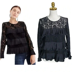 J. CREW | Black Satin Lace Pleated Ruffled Tiered Long Sleeves Top Size 4.